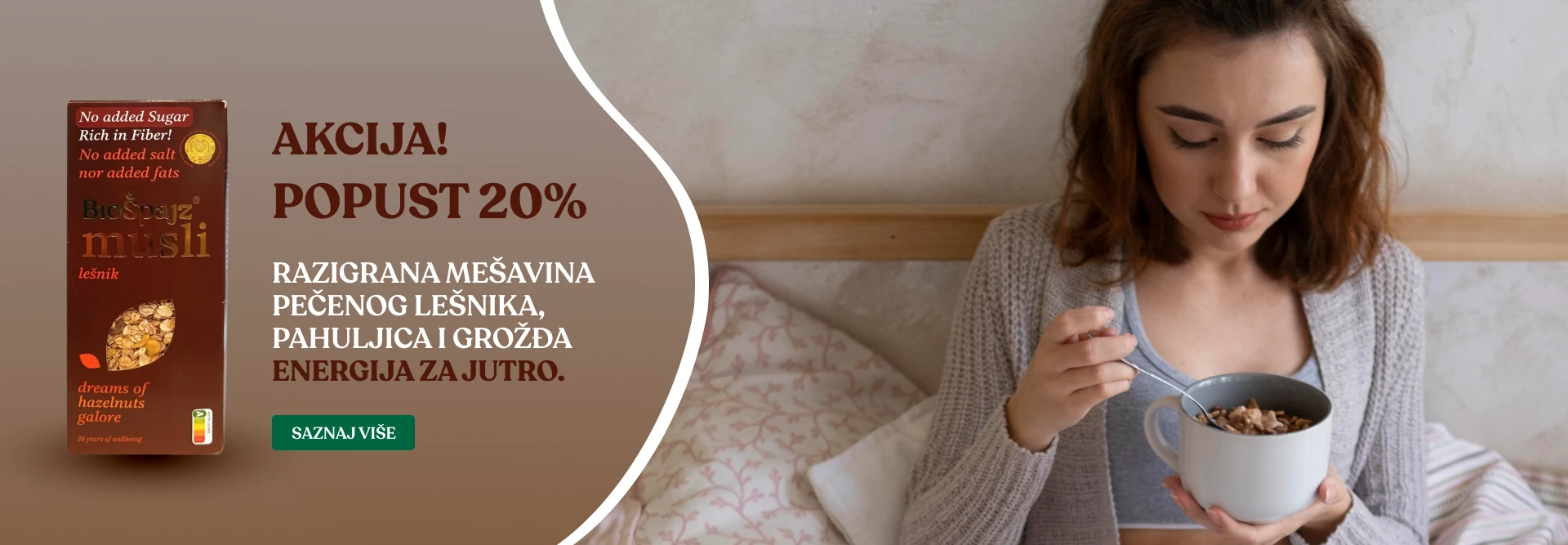 Razigrana mešavina pečenog lešnika, pahuljica i grožđa – energija za jutro.