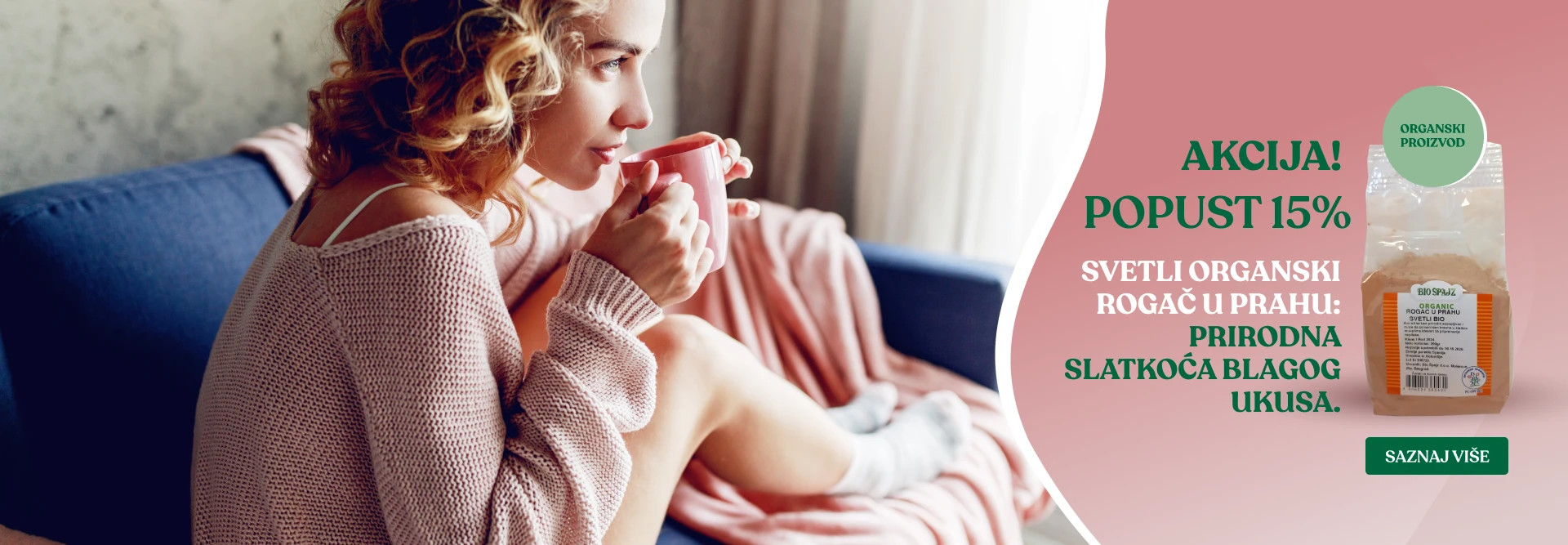 Svetli organski rogač u prahu: Prirodna slatkoća blagog ukusa.