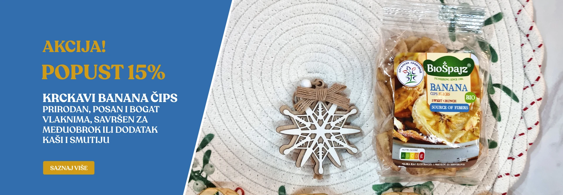 Krckavi banana čips - prirodan, posan i bogat vlaknima, savršen za međuobrok ili dodatak kaši i smutiju.