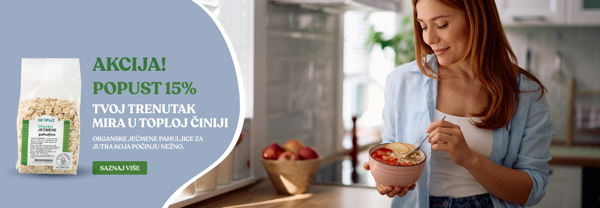 Tvoj trenutak mira u toploj činiji. Organske ječmene pahuljice za jutra koja počinju nežno.