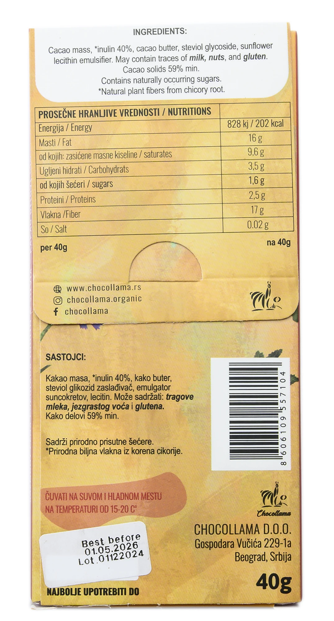 Čokolada Inulin i stevia 59% 40 g Chocollama