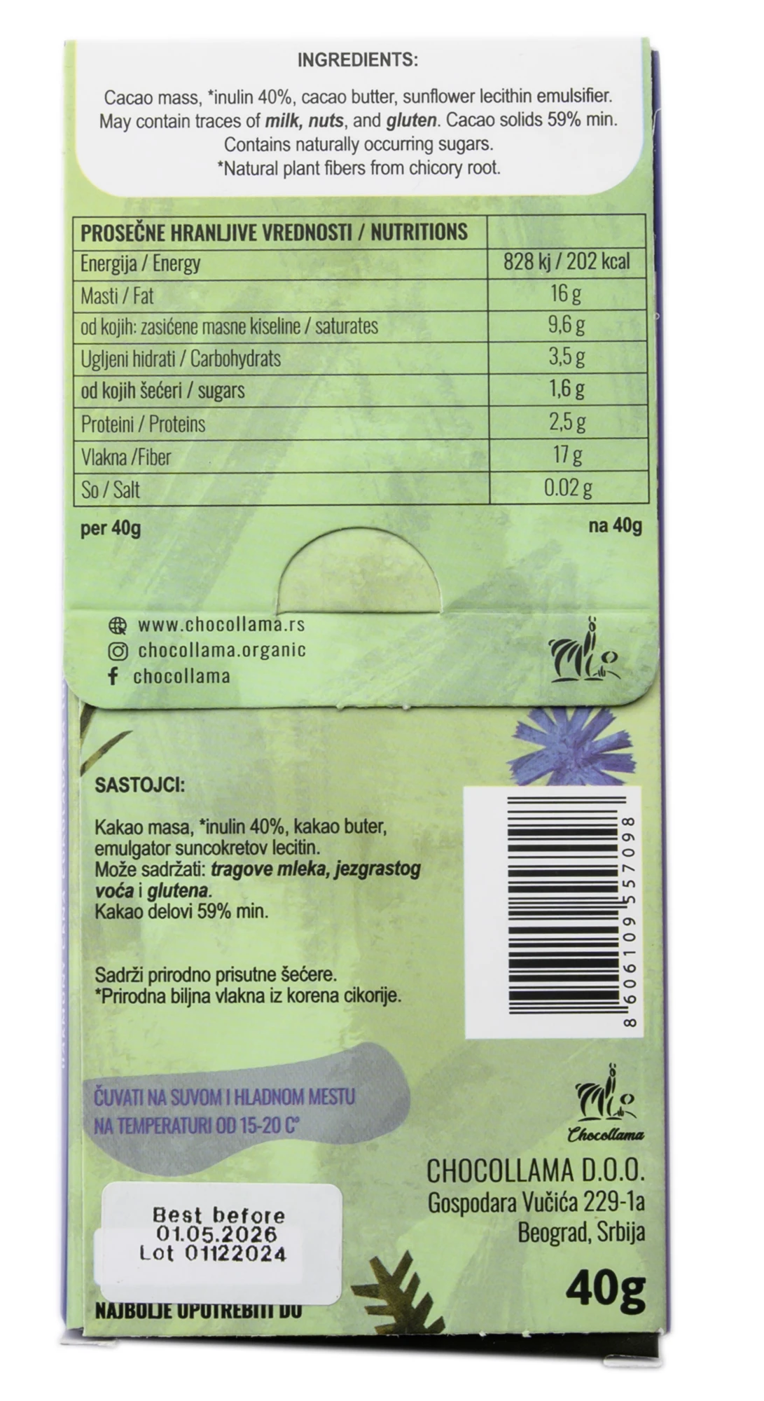 Čokolada Inulin 59% 40 g Chocollama