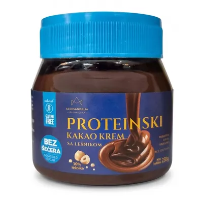 Proteinski kakao krem sa lešnikom  bez dodatog šećera (sert. bez glutena) 250 g Aleksandrija