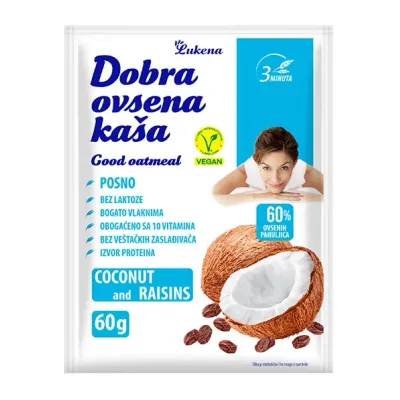 Dobra ovsena kaša kokos i suvo grožđe 60 g Lomax