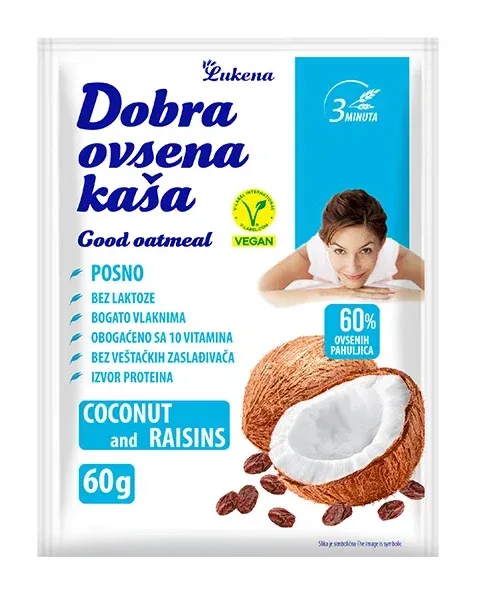 Dobra ovsena kaša kokos i suvo grožđe 60 g Lomax