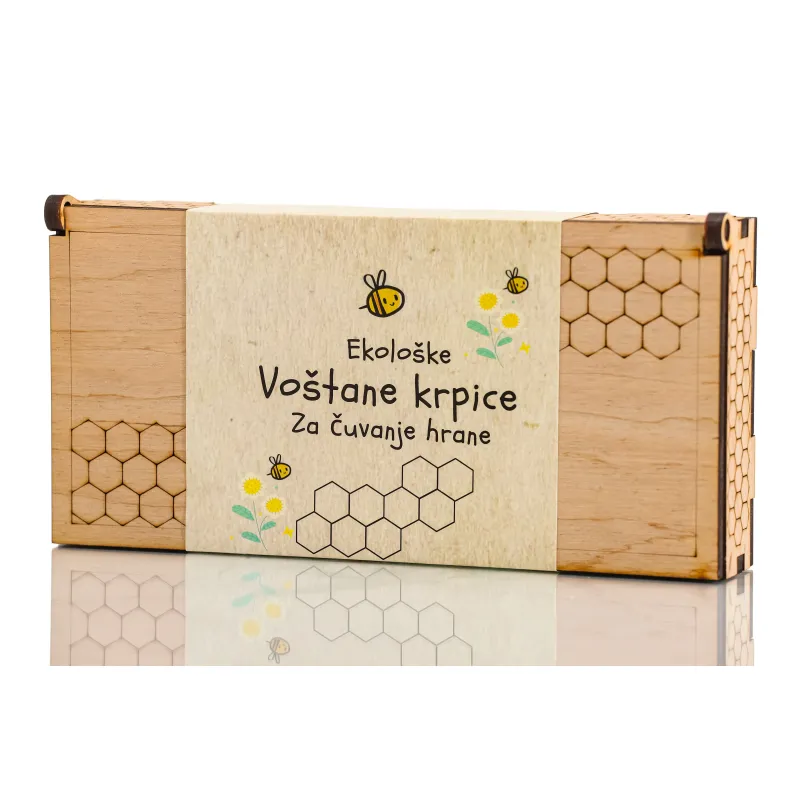 Ekološke voštane krpice za čuvanje hrane 6 kom  i drvena kutija Beez&Toys