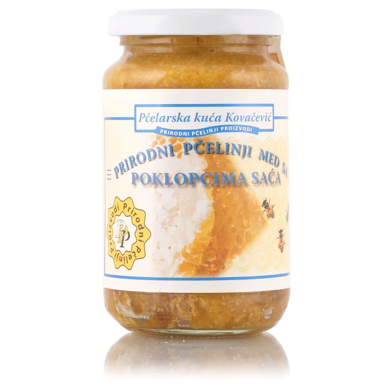Prirodni pčelinji med sa poklopcima saća 480 g Pčelarska kuća Kovačević