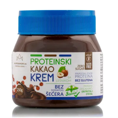 Proteinski kakao krem sa lešnikom  bez dodatog šećera (sert. bez glutena) 250 g Aleksandrija